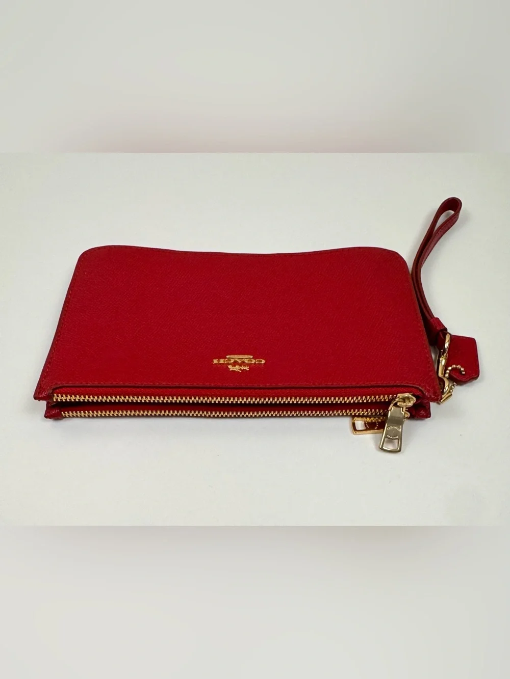 Coach Double Zip Wristlet Wallet Crossgrain Leather True Red Gold